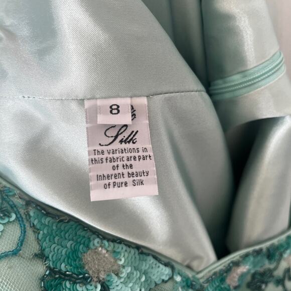 Lourdes Chavez Mint Green Floral Embroidered Sequin Long Sleeve Maxi Gown - Picture 5 of 9